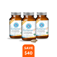 Three bottles of gutsel plus capsules with the words, ' gutseh and a bottle