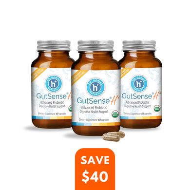 Three bottles of gutsel plus capsules with the words, ' gutseh and a bottle