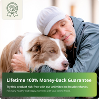 A man hugging his dog with the capt that reads, let me money guarantee