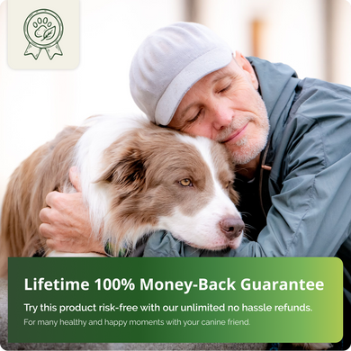 A man hugging his dog with the capt that reads, let me money guarantee