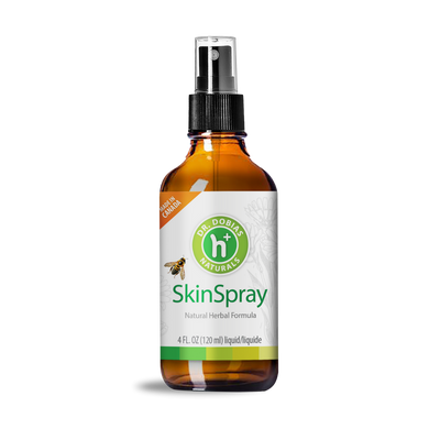 A bottle of skin spray with the label